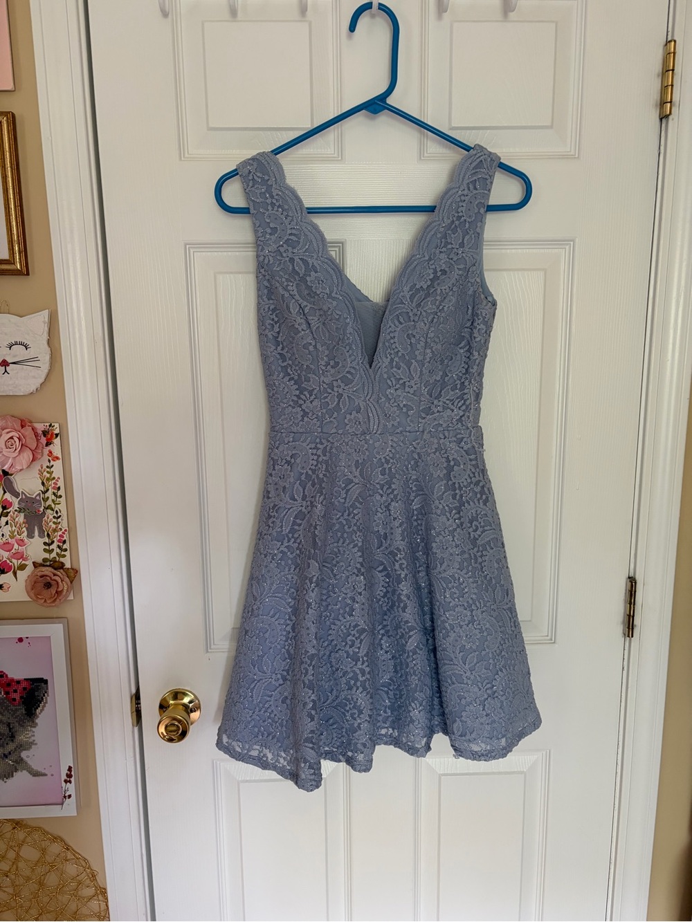 Blue hoco Lace V-Neck Sleeveless Skater Dress in Light Blue